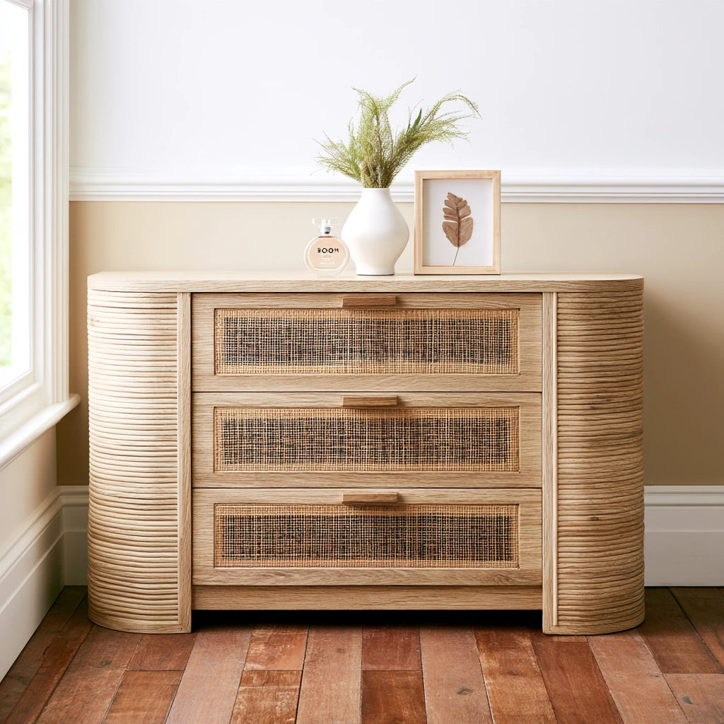 Cassettiera verticale in legno finitura rovere con tre cassetti, colore marrone chiaro