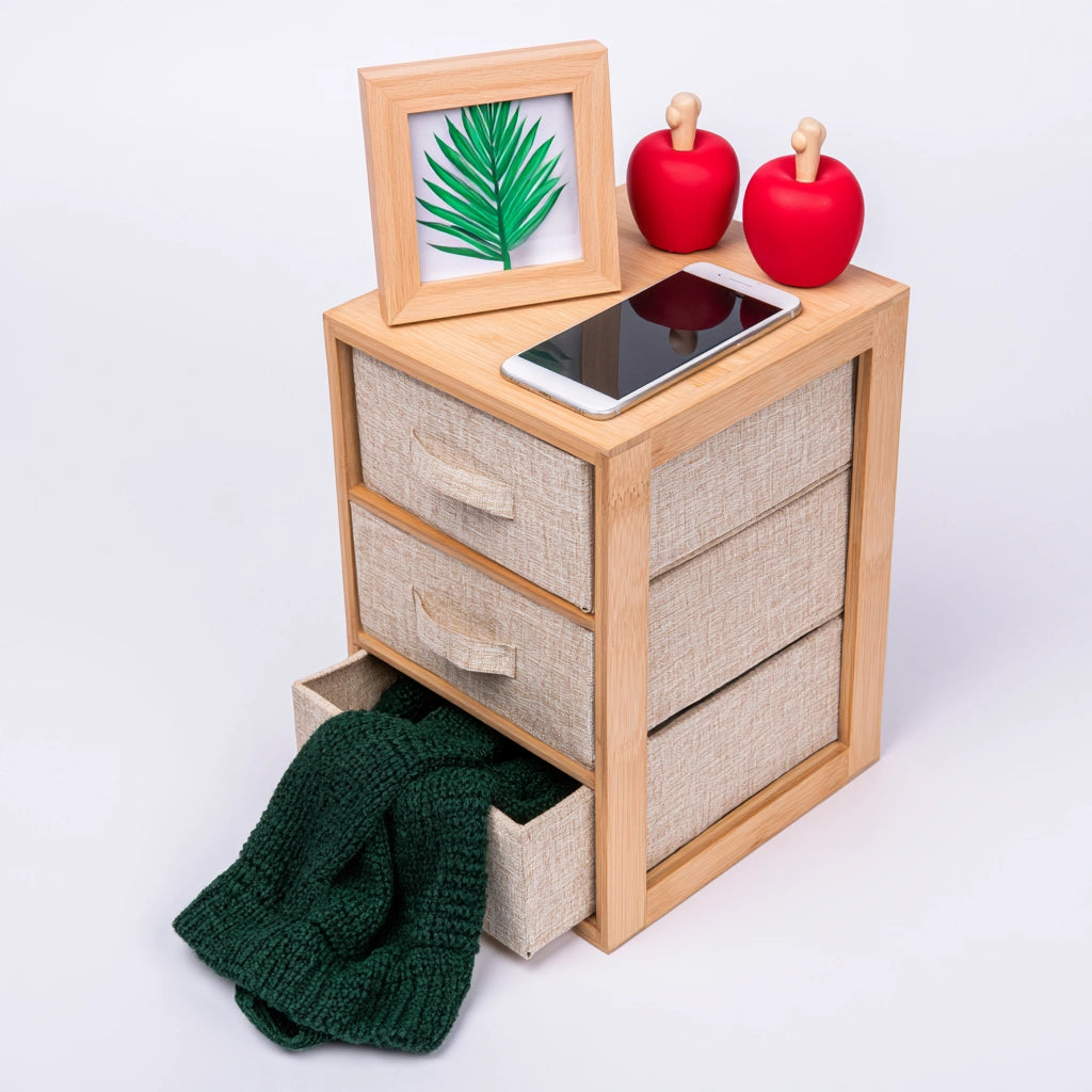 Colonna portaoggetti con cassetti con rivestimento in tessuto, colore marrone chiaro