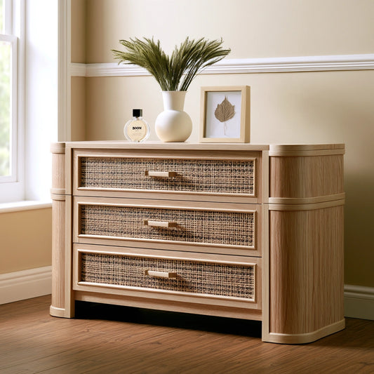 Cassettiera verticale in legno finitura rovere con tre cassetti, colore marrone chiaro