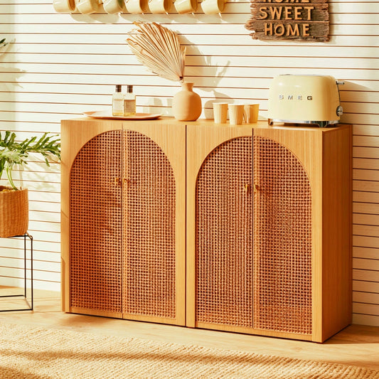 Mobile contenitore in legno e rattan, colore marrone chiaro