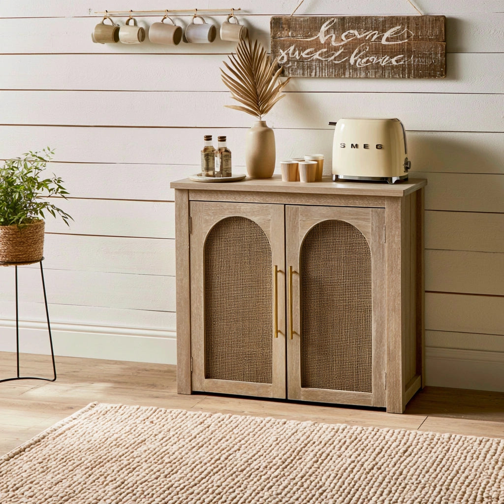 Mobile contenitore in legno e rattan, colore marrone chiaro